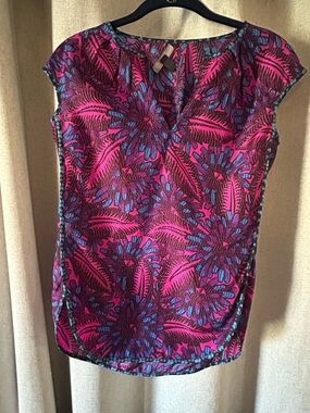 J. Crew Fuchsia and Blue Floral Cap-Sleeve Blouse